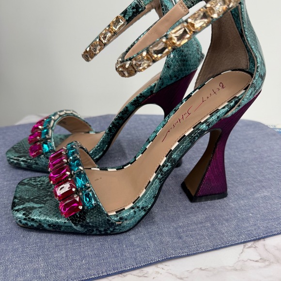 Betsy Johnson Emani 8M Rhinestone Snake Print Heels Square Toe Ankle Strap Prom - Picture 5 of 9